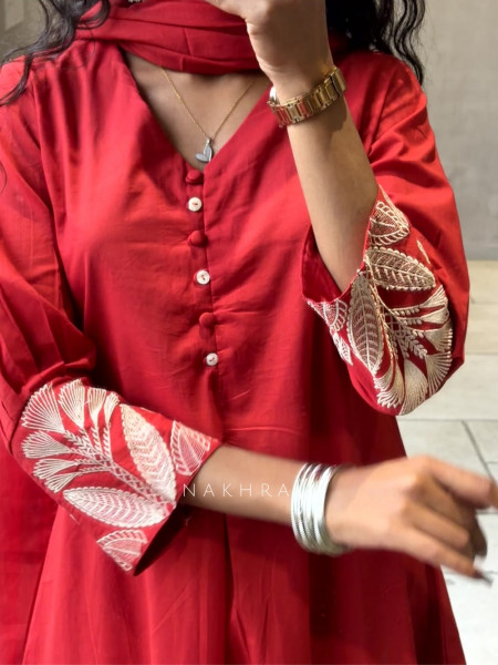 Zoryn Red Anarkali Kurta Pant Set with Sleeve Embroidery
