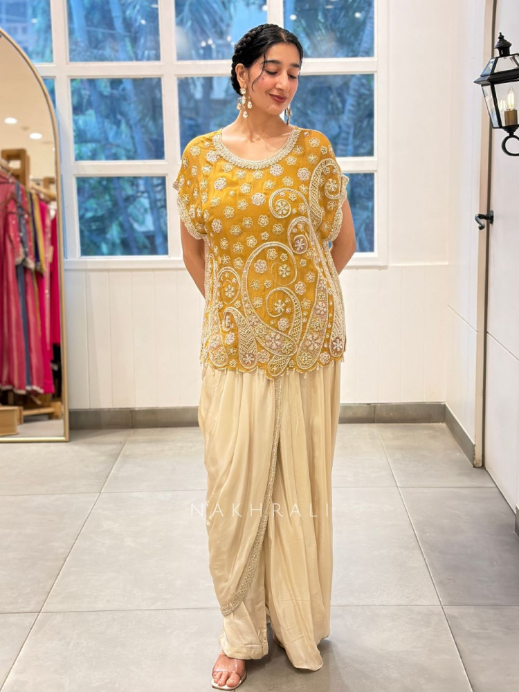 Image of Gilded Stucco Yellow Indo Western Dhoti Set