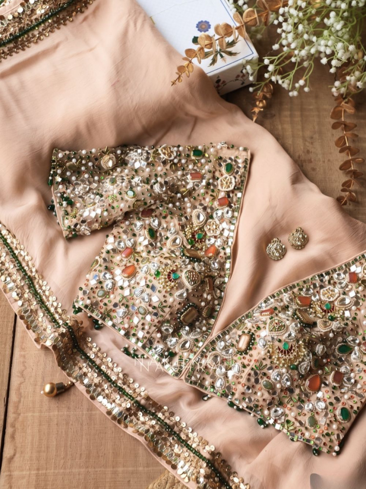 Image of Noor-e-Kundan Peach Saree with Jewelled Blouse and Sequin Border