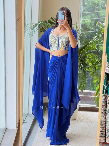 Glimmering  Blue Georgette Crop Top Dhoti Skirt Set with Cape