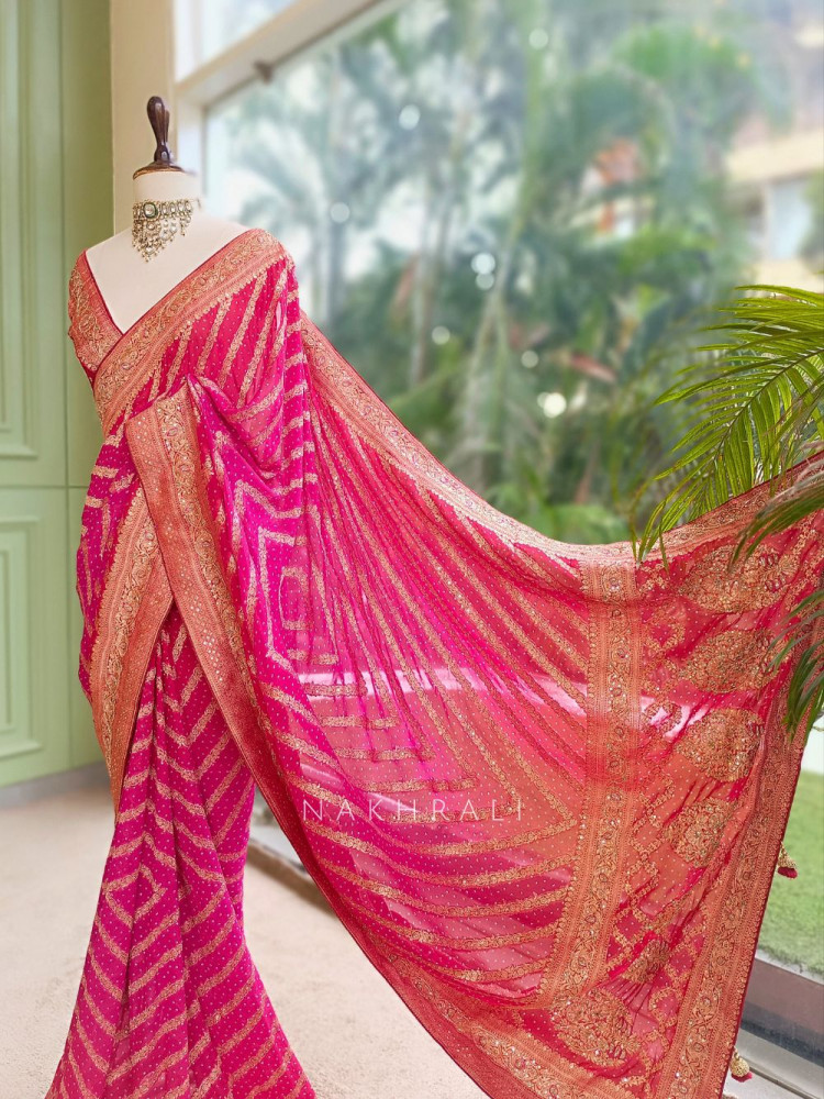 Image of Sarika Red Bandhani Saree With Running Blouse Piece