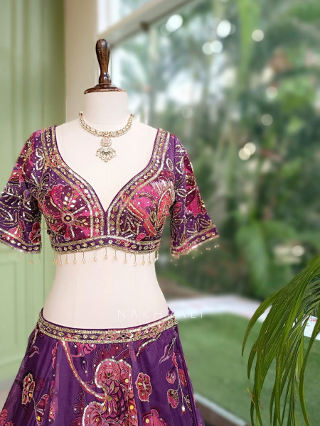 Nishaara Purple Organza Silk Lehenga Set