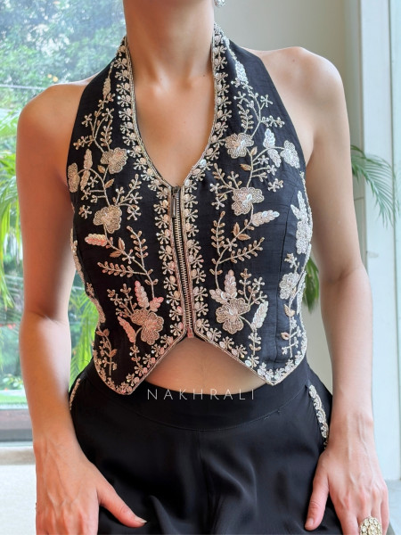Elysian Black Georgette Crop Top Skirt Set – Zardozi & Floral Dori Work