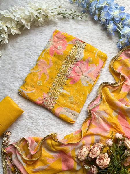 Aabha Yellow Floral Printed Suit Set with Mirror Embellishment