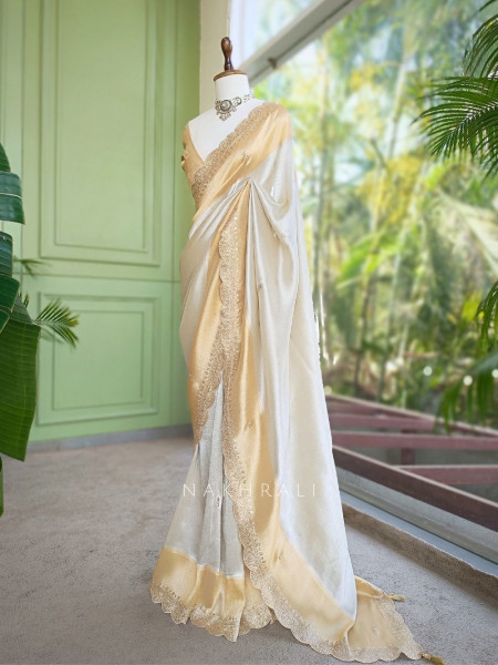 Skylight Cream Zari Weaved Saree with Embroidered Border