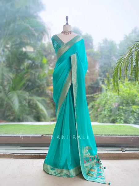 Firoza Rama Green Saree With Zari Border