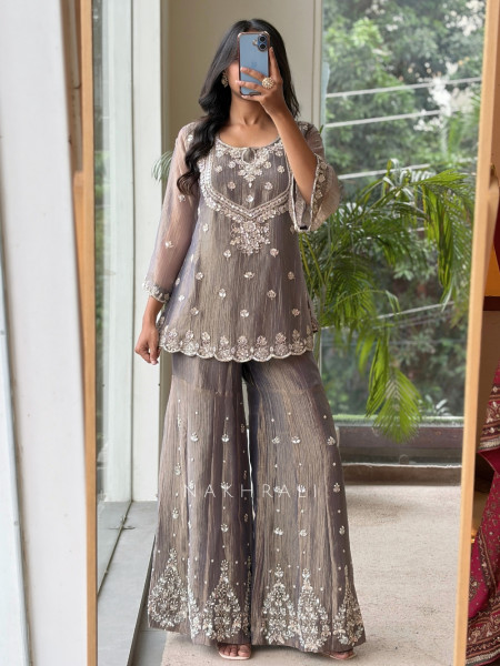 Inara Shimmer Lavender Crushed Organza Gharara Suit Set