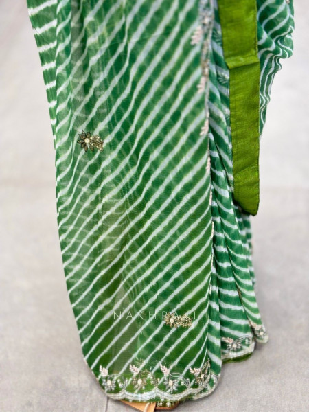 Avira Green Leheriya Saree with Embroidered Border