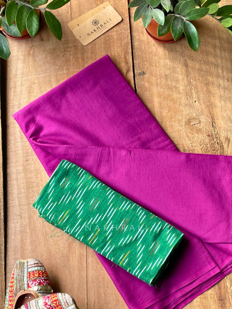 Image of Sutra Wine Solid Cotton Saree with Printed Blouse