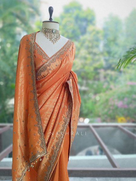 Vedika Brick Kanjivaram Saree with Zari and Sequin Border
