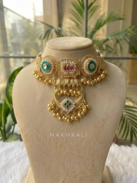 Mohak Golden Necklace Set with Lotus Motif & Beaded Drop Detailing