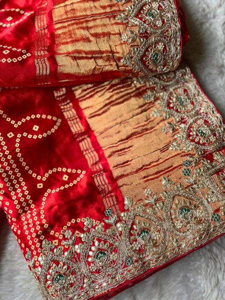 Noor-E-Rangati Red Bandhani Saree with Zari Border