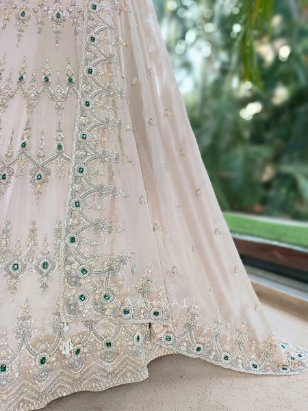 Frost Grey Satin Lehenga With Zardozi, Cutdana & Emerald Kundan Work