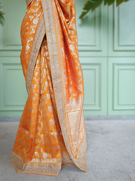 Kanakrekha Orange Banarasi Katan Silk Saree with Zari Jaal and Sequin Border