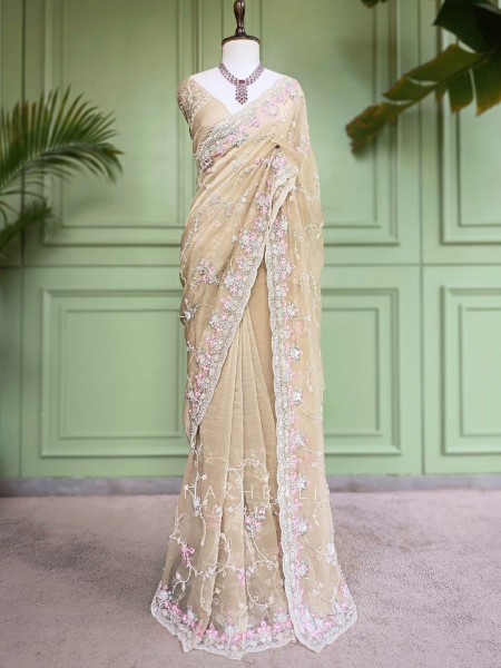 Sorelle Beige Organza Saree with Cut Dana Embroidery