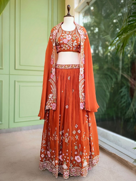 Ira Orange Embroidered Crop Top Skirt Set with Cape Dupatta
