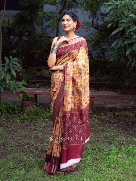 Mehek Mustard Floral Saree with Subtle Zari Detailing