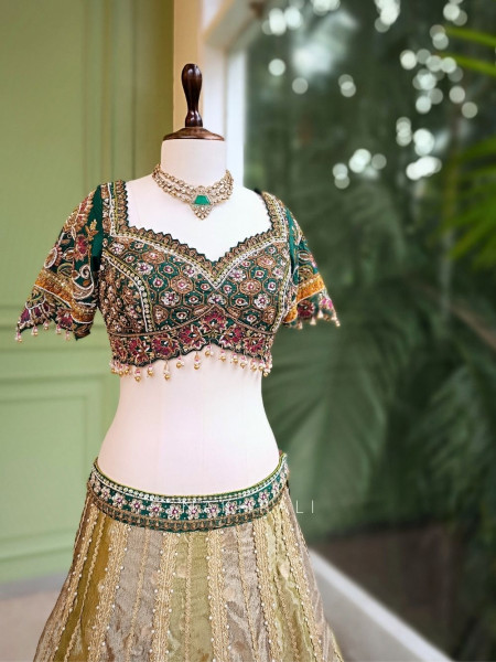 Ruhani Olive Green Velvet Zari Sequin Lehenga