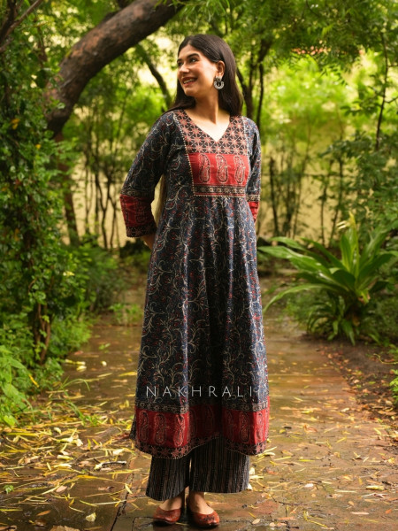Amrit Blue Cotton Flared Kurta