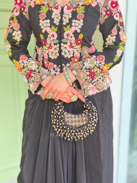 Averra Black Embroidered Jacket Skirt Set