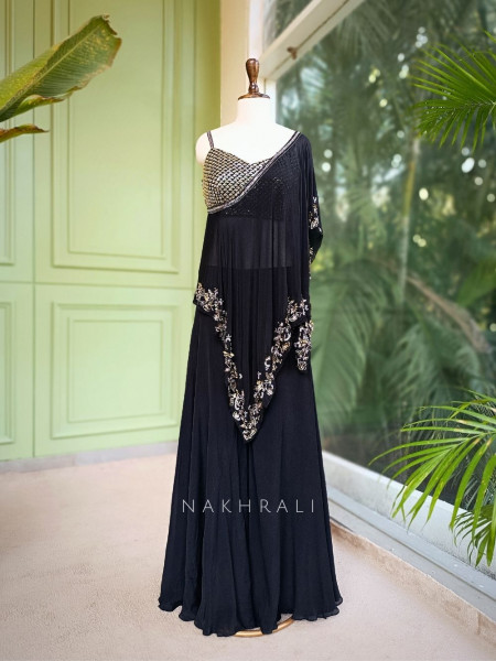 Ebon Grace Black Georgette Kaftan Set with Sequin Detail