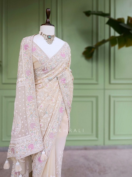 Keki Bloom Cream Chikankari  Saree With Running Blouse Piece Chikankari