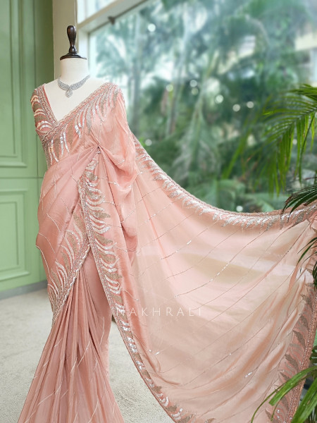 Luxe Linear Peach Italian Silk Saree