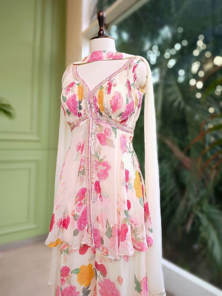 Bloom Whisper Floral Palazzo Set with Choker Dupatta