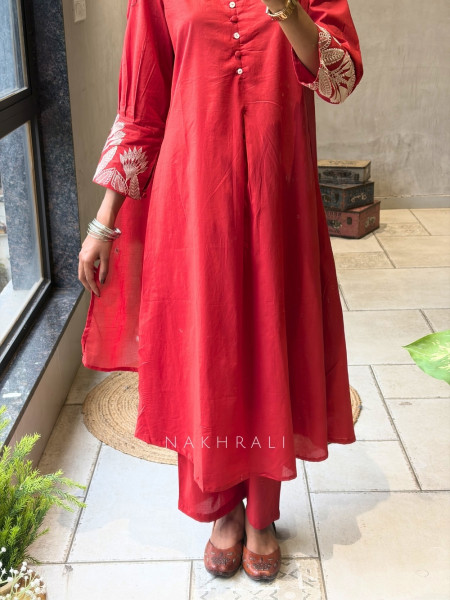 Zoryn Red Anarkali Kurta Pant Set with Sleeve Embroidery