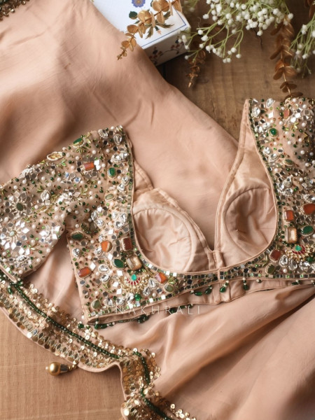 Noor-e-Kundan Peach Saree with Jewelled Blouse and Sequin Border