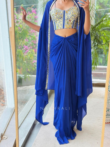 Glimmering  Blue Georgette Crop Top Dhoti Skirt Set with Cape