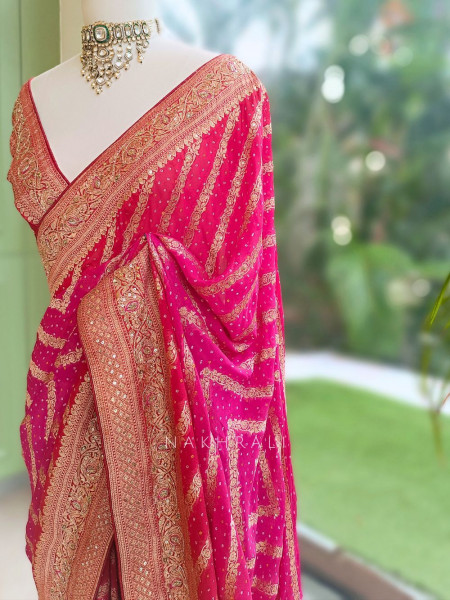 Sarika Red Bandhani Saree With Running Blouse Piece