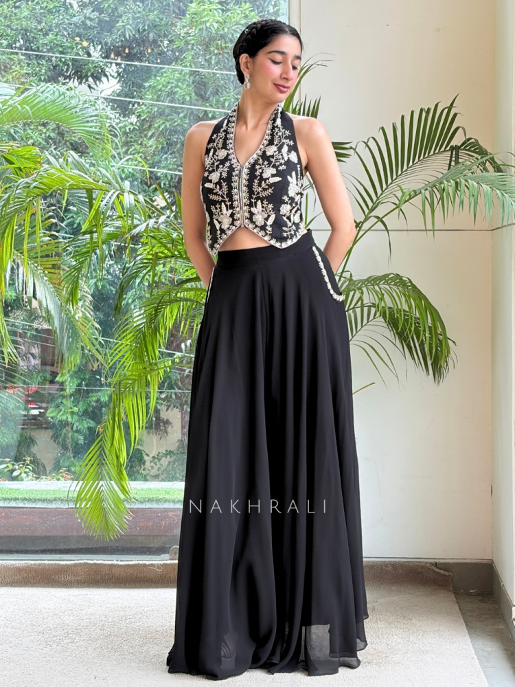 Image of Elysian Black Georgette Crop Top Skirt Set – Zardozi &amp; Floral Dori Work
