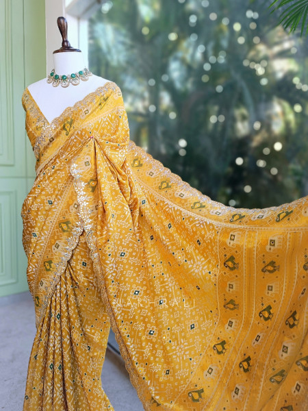 Zoraya Mustard Ghatchola Saree with Elephant Motif Border
