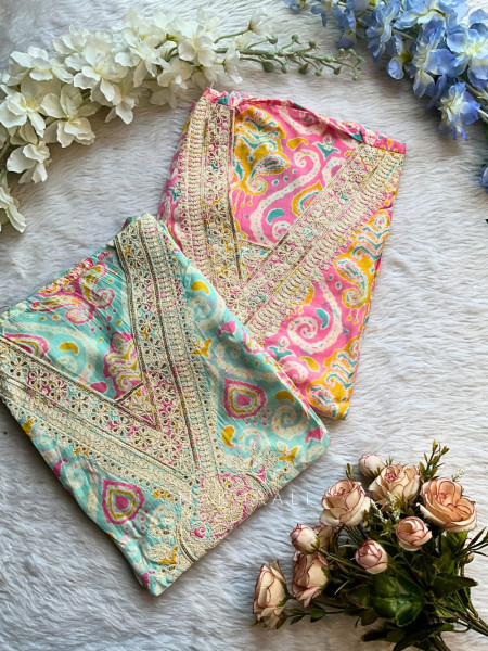 Inaaya Aqua Muslin Printed Dress Material with Embroidered Neckline