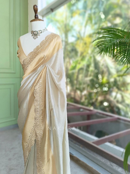 Skylight Cream Zari Weaved Saree with Embroidered Border