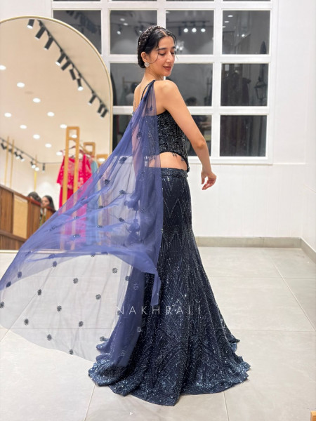 Graphite Blue Mesh Net & Shimmer Georgette Indo Western Mermaid Crop Top Skirt Set