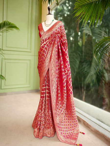 Riva Red Georgette Bandhani Saree with Gota Lace