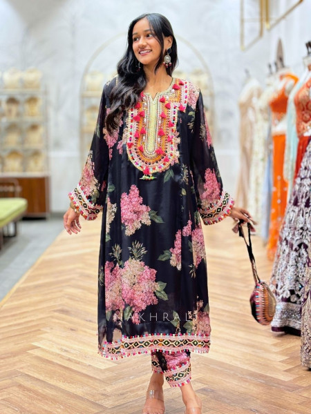 Zerina Black Floral Pakistani Suit Set with Embroidered Neckline