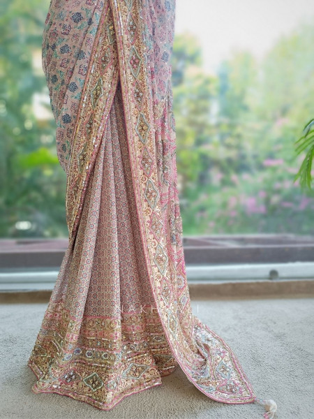 Riyaasat Cream Saree with Pastel Print and Sequin Work