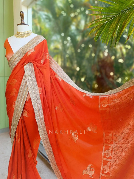 Tavira brick Saree with Broad Border and Unstitched Blouse Piece