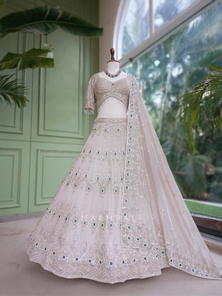 Frost Grey Satin Lehenga With Zardozi, Cutdana & Emerald Kundan Work