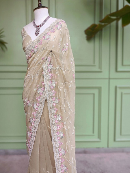 Sorelle Beige Organza Saree with Cut Dana Embroidery