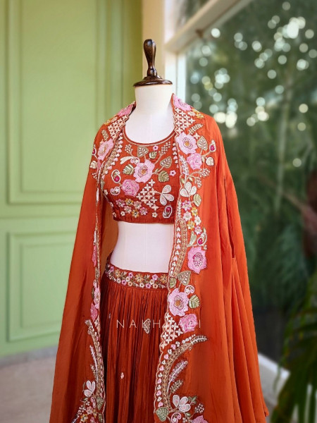 Ira Orange Embroidered Crop Top Skirt Set with Cape Dupatta