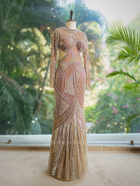 Aurora Brown Net Gown with Heavy Embroidery Work