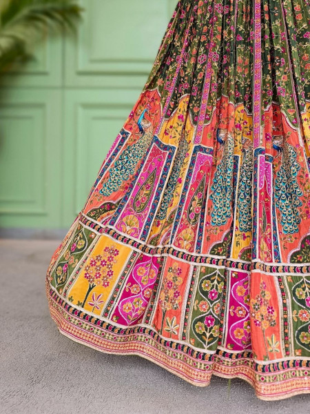 Gulnaar-e-Ishq Mehendi Green Peacock Print Halter Neck Lehenga Set