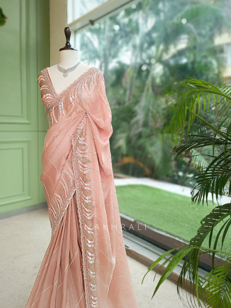 Luxe Linear Peach Italian Silk Saree