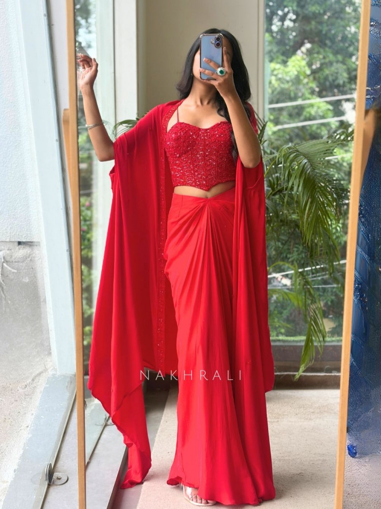 Image of Alisha Draped Red Indo-Western Crop Top Skirt Set