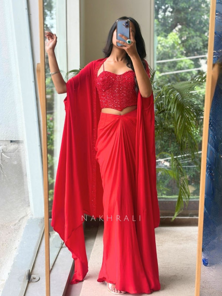 Alisha Draped Red Indo-Western Crop Top Skirt Set
