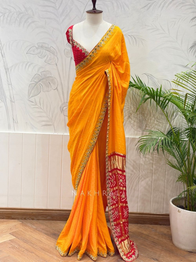Image of Verdant Red &amp; Mustard Bandhej Saree Zari Border Work